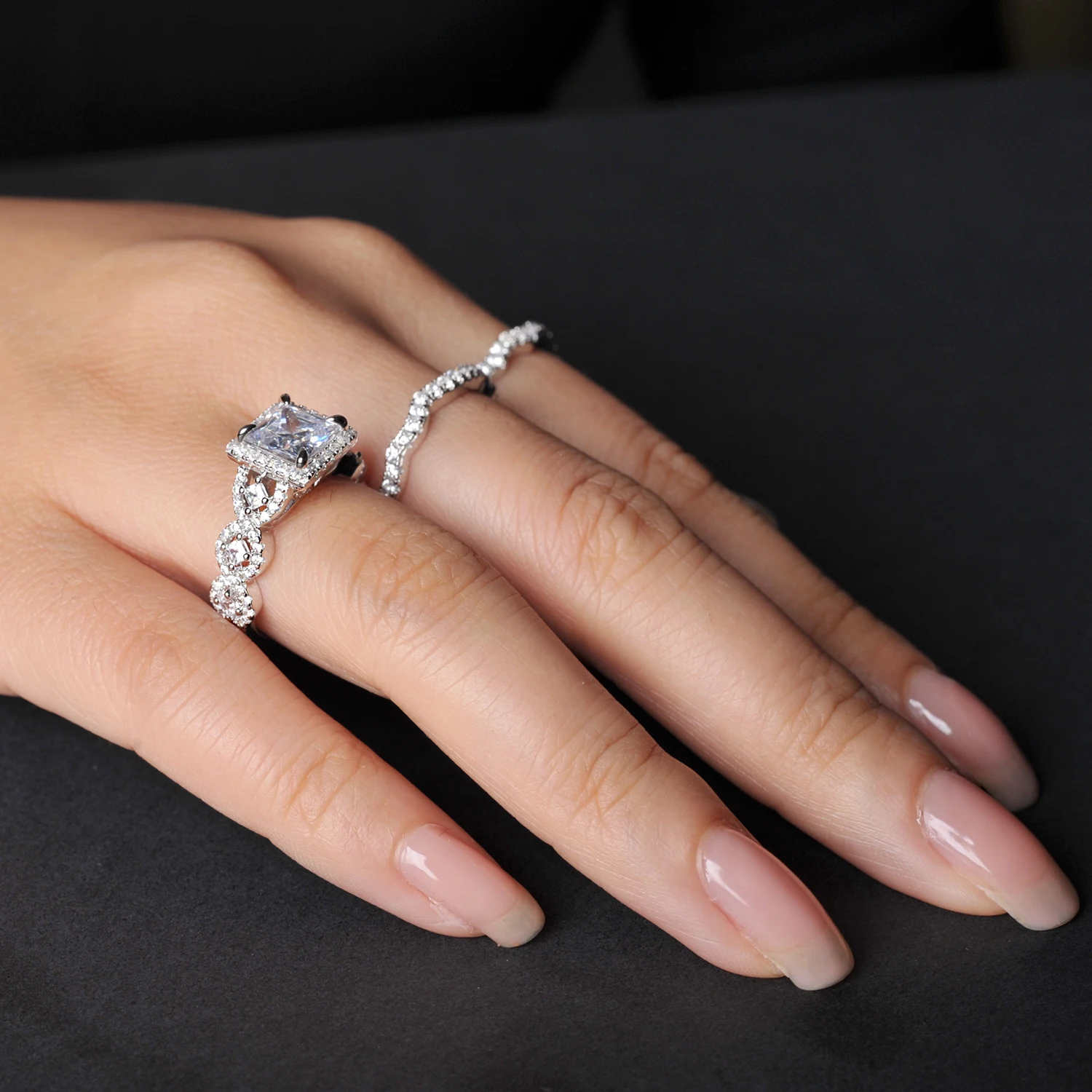 Potiy 3-częściowy zestaw pierścionków zaręczynowych i ślubnych z srebra próby 925 dla kobiet, 2.9ct, szlif princess, AAAAAA CZ, modna biżuteria — zdjęcie 3