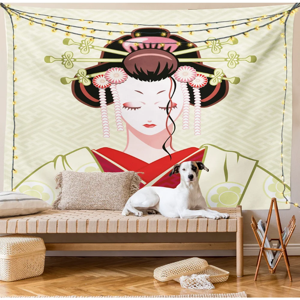 Beautiful Japanese Geisha Girl Tapestry Japan Culture Wall Hanging Cartoon Tapestries Bedroom Living Room Home Wall Decor Cloth