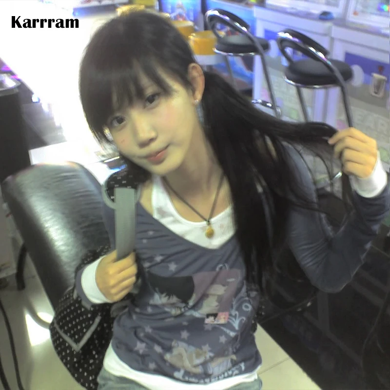 

Karrram японский Y2k поддельные топы из двух предметов в стиле аниме 2000-х годов футболка с принтом винтажный топ в стиле Харадзюку с длинными рукавами в стиле пэчворк американский 90-х годов