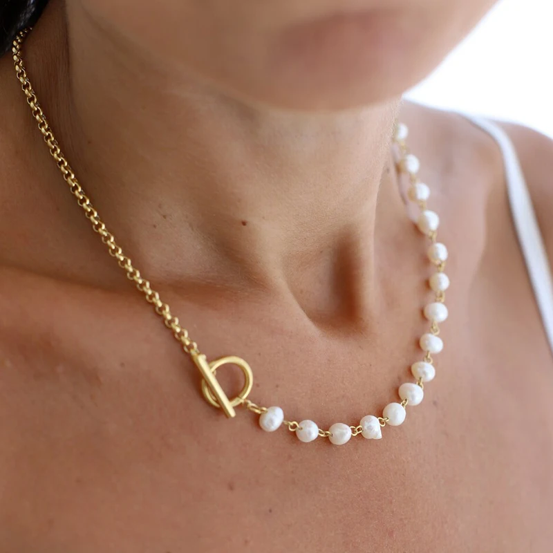 18K Gold Filled Toggle Necklace with  Fresh Water Pearl, Gift for Her, Clasp T Bar Statement Choker Necklaces Summer Jewelry