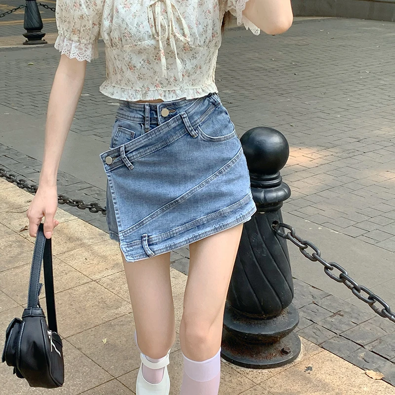 

Summer New plus Size Women's A-Line Wide Leg Short Jeans Skirt Irregular Splicing Design Slimming High Waist Button Zipper