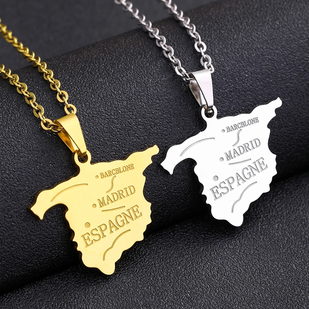 Spain Map City Pendant Necklace Stainless Steel Gold Silver Color Español Men Women Country Map Jewelry Gift