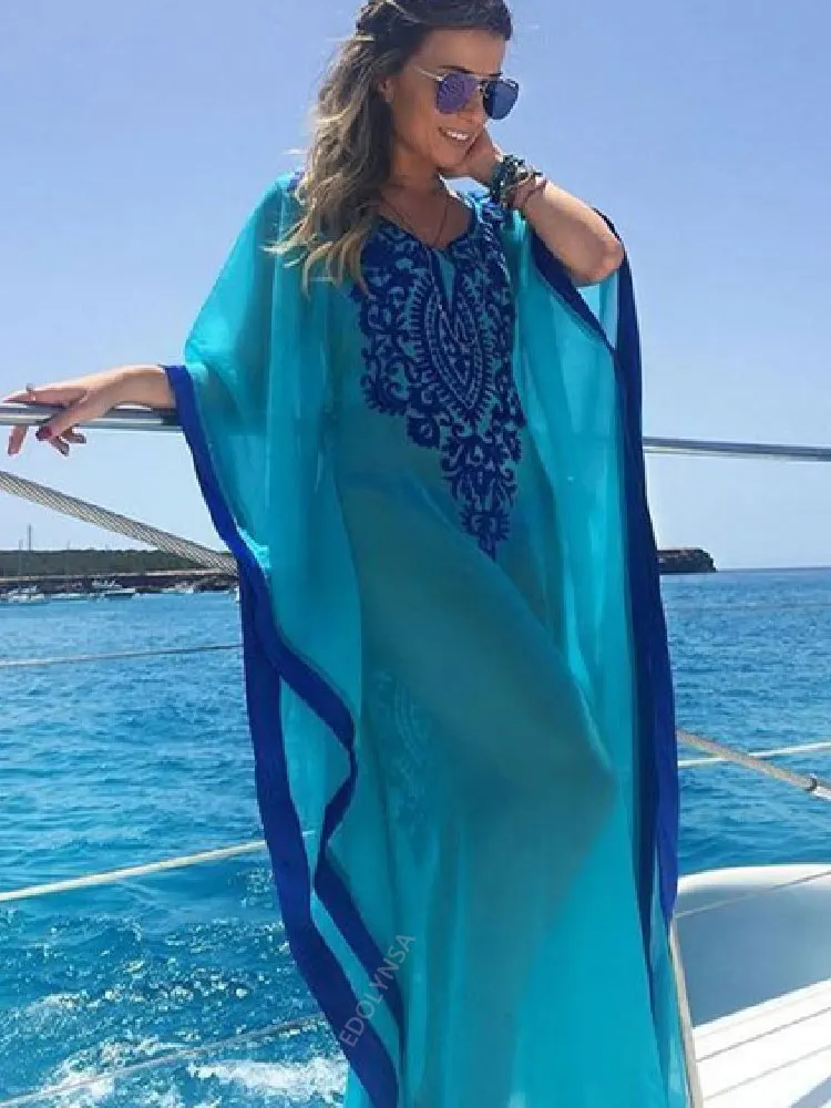 2023 Blue Bohemian Embroidered Batwing Sleeve Side Split Summer Beach Dress Chiffon Tunic Women Plus Size Beachwear kaftan Q746