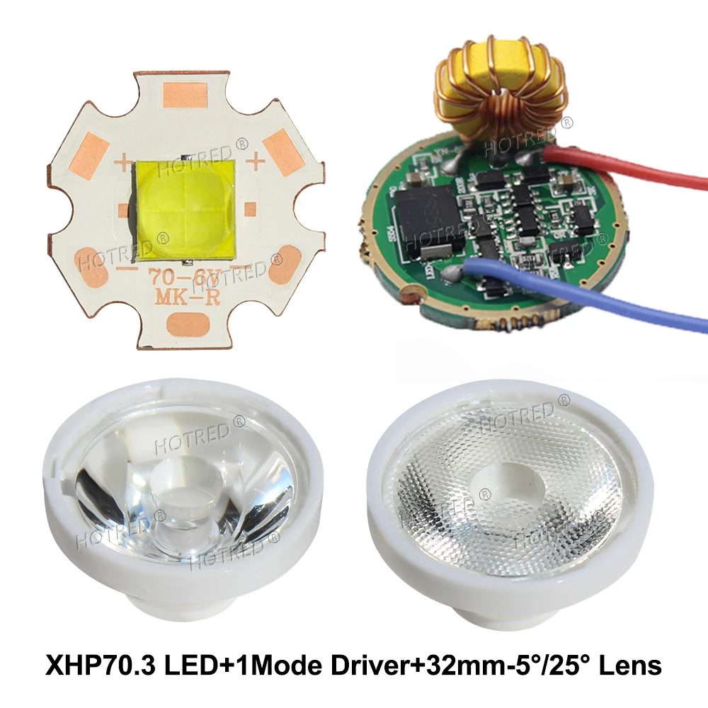 XHP70.3 40W LED XHP7070 Chip 20mm Cold Warm White Beads+Torch Flashlight Current Driver Lens Set DC6V 12V 15V 26mm 1Mode 5Mode