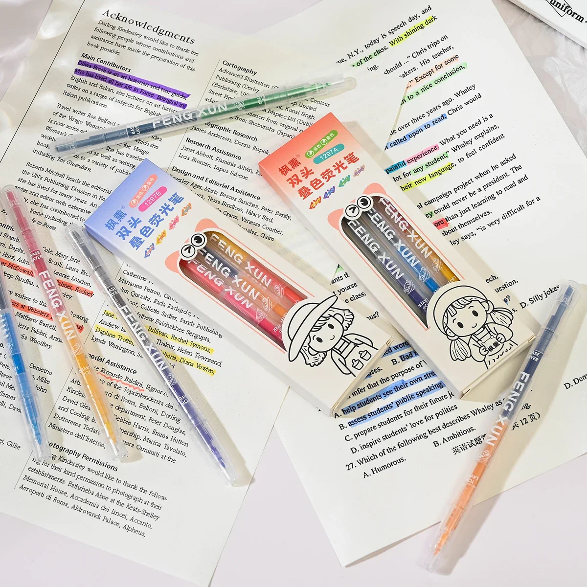 4/8Colors Dual Tip Highlighter Pen Set Fine & Chisel Fluorescent Markers for Journal Coloring Student School Office Stationery