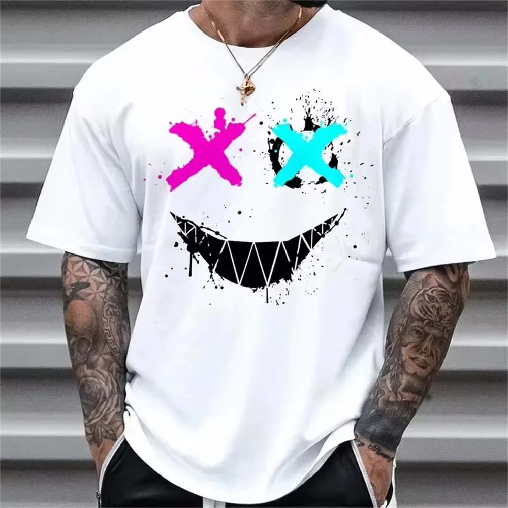 

2025 Summer Men's New Fashion Smiley Digital Printing Short-Sleeved T-Shirt Loose Casual Personality Street Hip-Hop Moto Tops