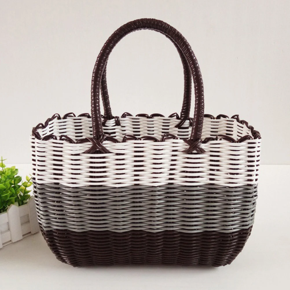 African Market Basket Woven Straw Handle Grocery Bag Shopping Vegetable Tote Home Outdoor