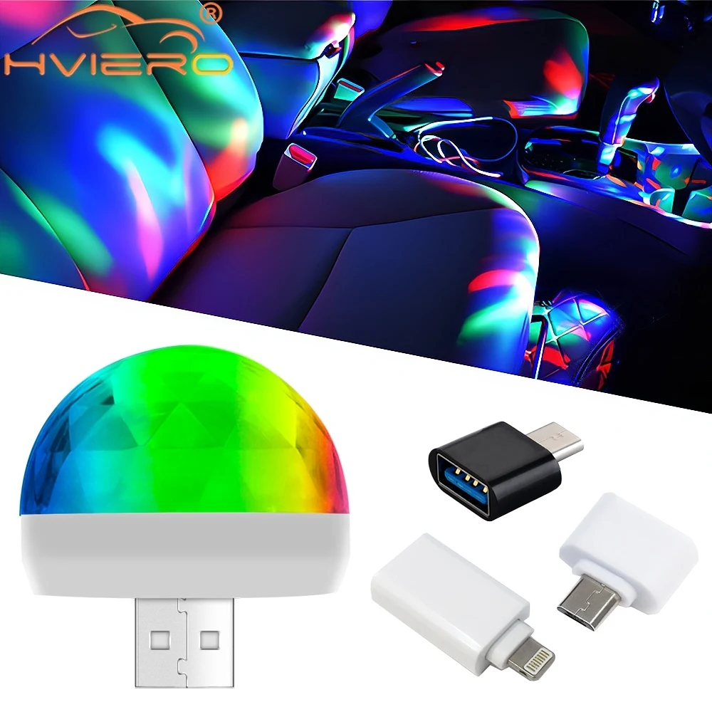 Car USB Ambient Light DJ RGB Mini Colorful Music Sound Led Apple USB Interface Holiday Party Atmosphere Interior Dome Trunk Lamp