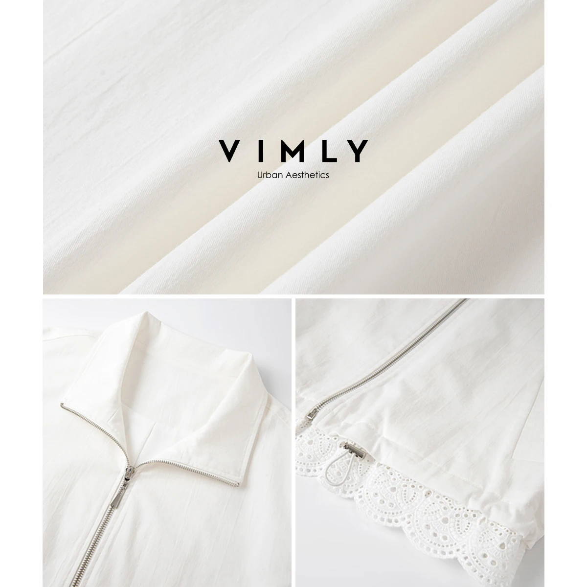VIMLY White Woman Long Sleeve Autumn Polo Neck Female Jackets 2025 Elegant Loose Splicing Lace Hem Zippers Ladies Coats A2079