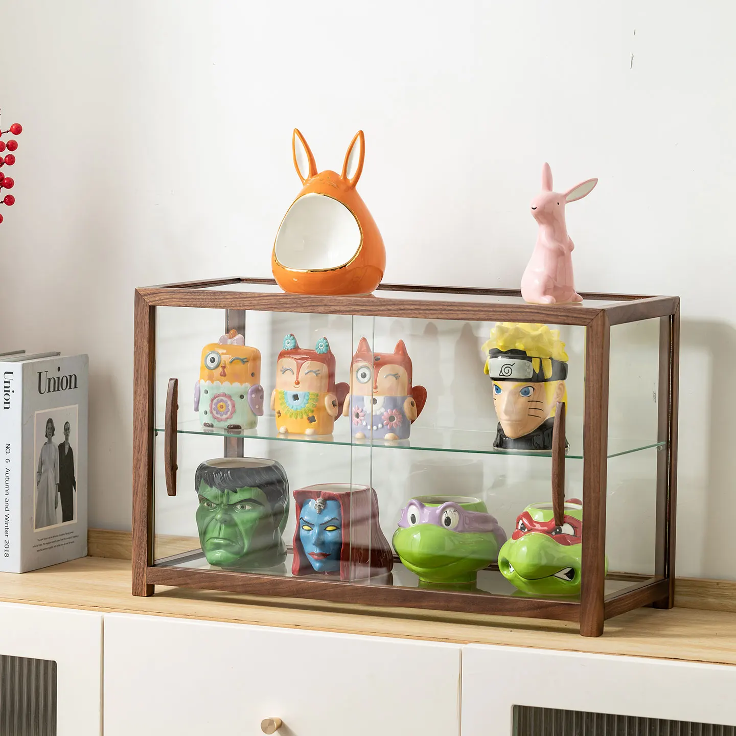 

Шкаф-витрина из орехового стекла, витрина для продукта, игрушечный чайный сервиз, витрина, бытовая модель, шкаф для хранения фигурных строительных блоков