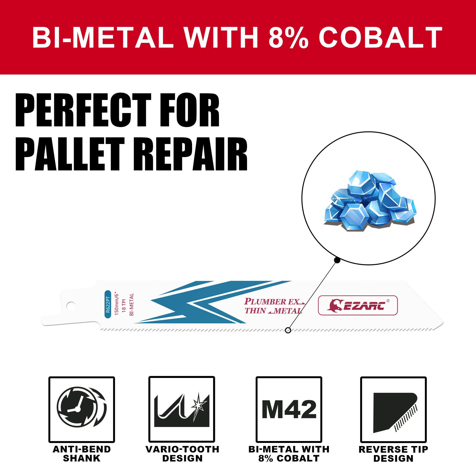 EZARC 5pcs 6Inch Reciprocating Saw Blades 18TPI Bi-Metal Cobalt R622PT for Thin Metal Cutting, Durable Sabre Saw Blades 150mm