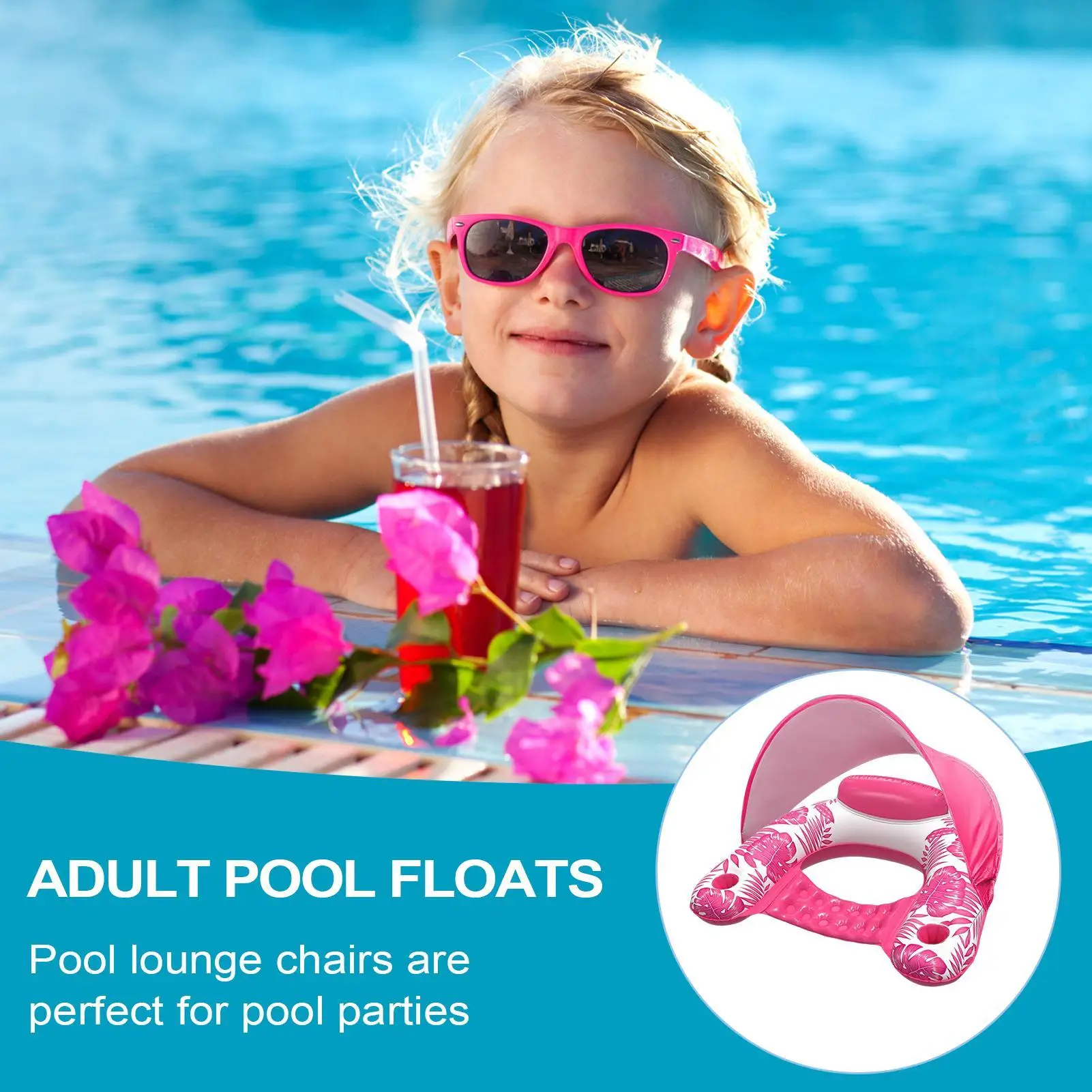 Flotador con dosel para piscina, flotador con sombra, balsa resistente para adultos con soporte, flotador de agua para nadar, río, playa, bronceado al aire libre