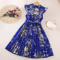 Dress For Kids 5-12 Years Flying Sleeves Print Pleated Dress + Sashes Elegant Fashion Cool Summer Princess Casual Kids Dresses
