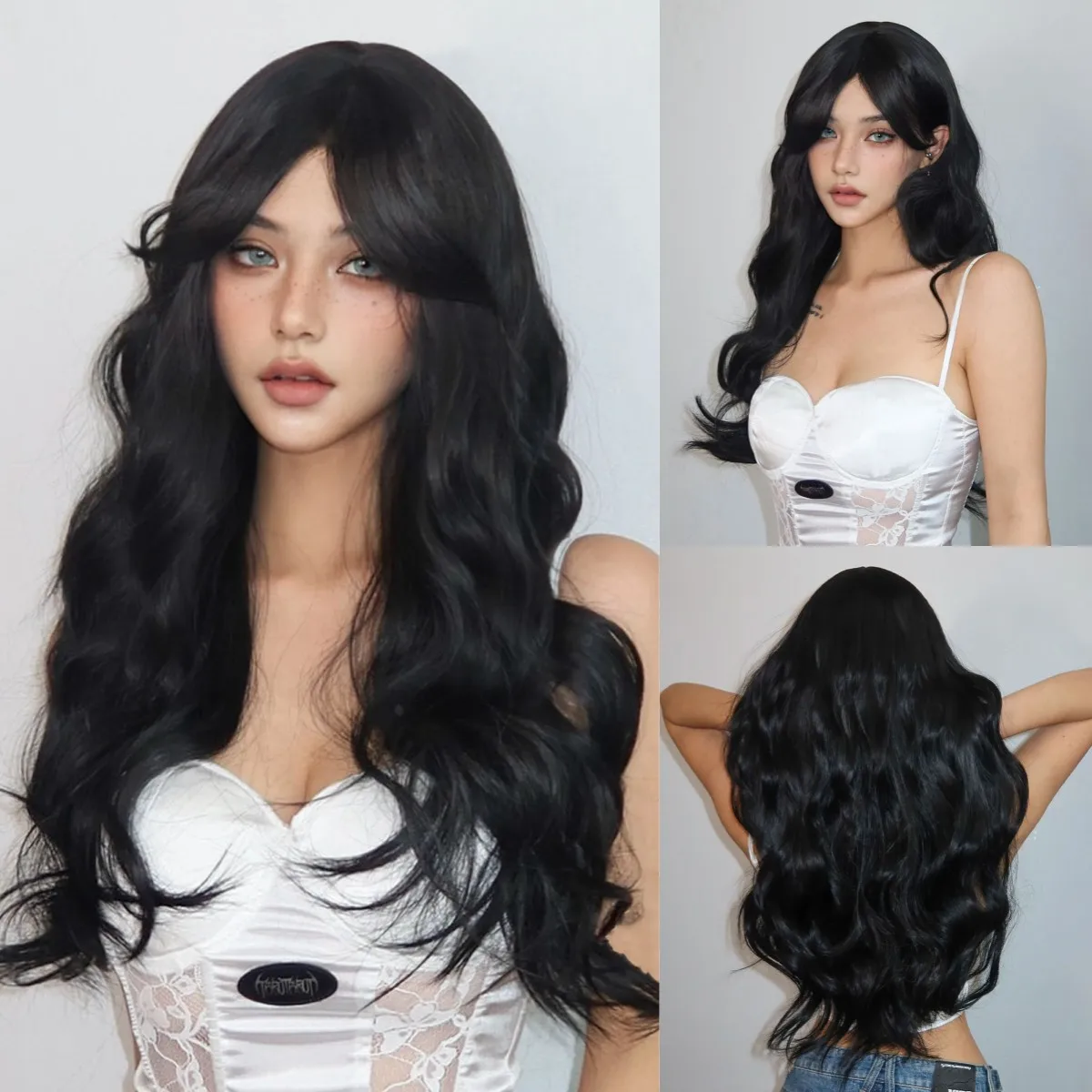 Black Long Wavy Wig with Bangs Synthetic Curly Hair Wigs for White Women Heat Resistant Fibre Cosplay Daily Use Fake Hair Wig