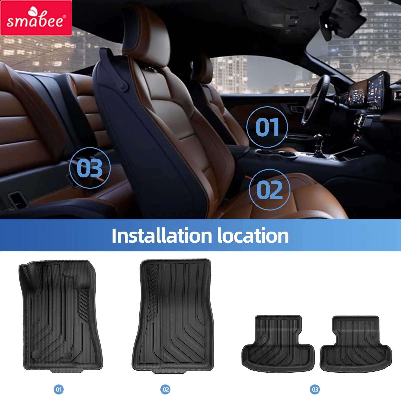 Smabee Left Hand Drive for Ford Mustang 2015-2024 Suitable with Subwoofer Car Floor Mats Cargo Liner Trunk Pad TPE Accessories