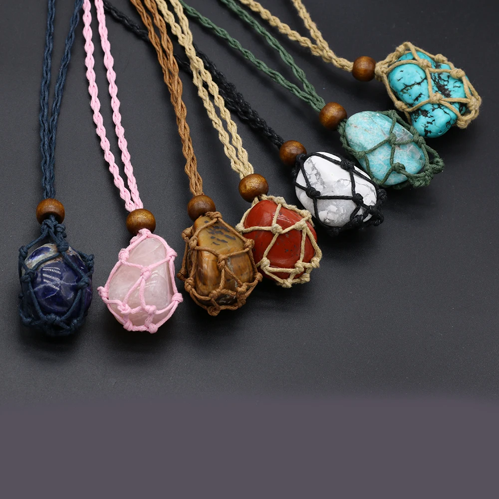 Women Necklace Natural Original Stone Net Packet Irregular Pendant Braided Rope Charms Love Romantic Gift Chain 50 CM