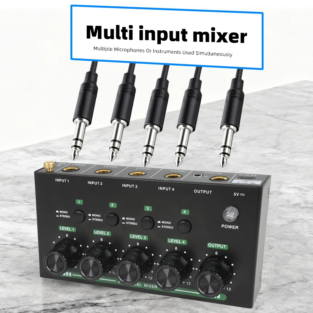 GOOERMI MIX400P 4 Channel Audio Mixer Low Noise Microphone Instrument Mixer 4 In 1 Out Audio Signal Distributor Expander