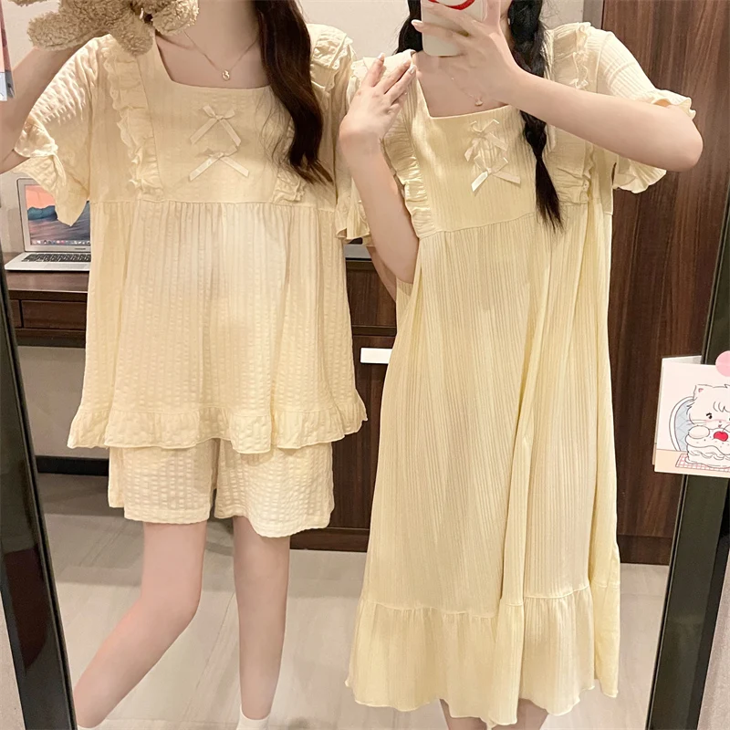 新しい 2023 女性の夏の寝間着ルーズ半袖薄い韓国スタイルのホーム服セット蝶結び甘いかわいいスタイル 1