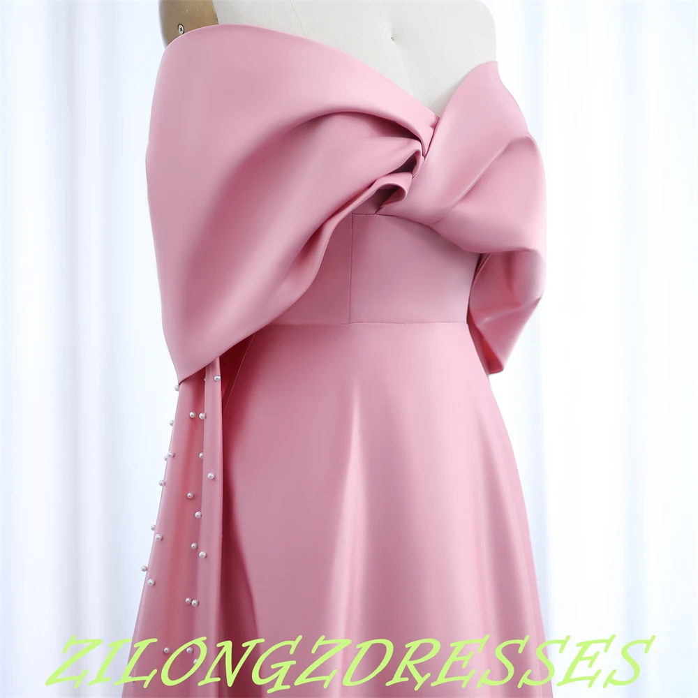 

Customized Fashion Pink Satin Evening Dress Temperament Off the Shoulder Homecoming Dresses Modern Pearls Vestido De Festa
