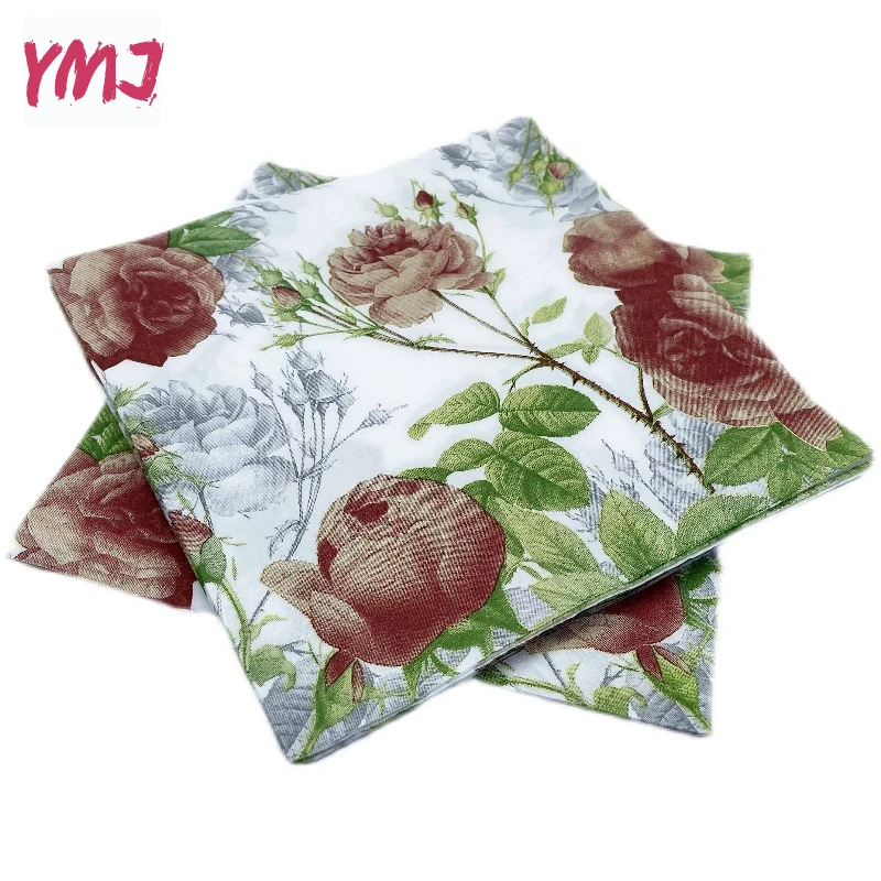 Bloemenprint Vierkant Servet Wegwerp Coffeeshop Hotel Feestdecoratie Hout Peddel Diner Papier 2-laags 20 Stuks/Pac 33*33Cm