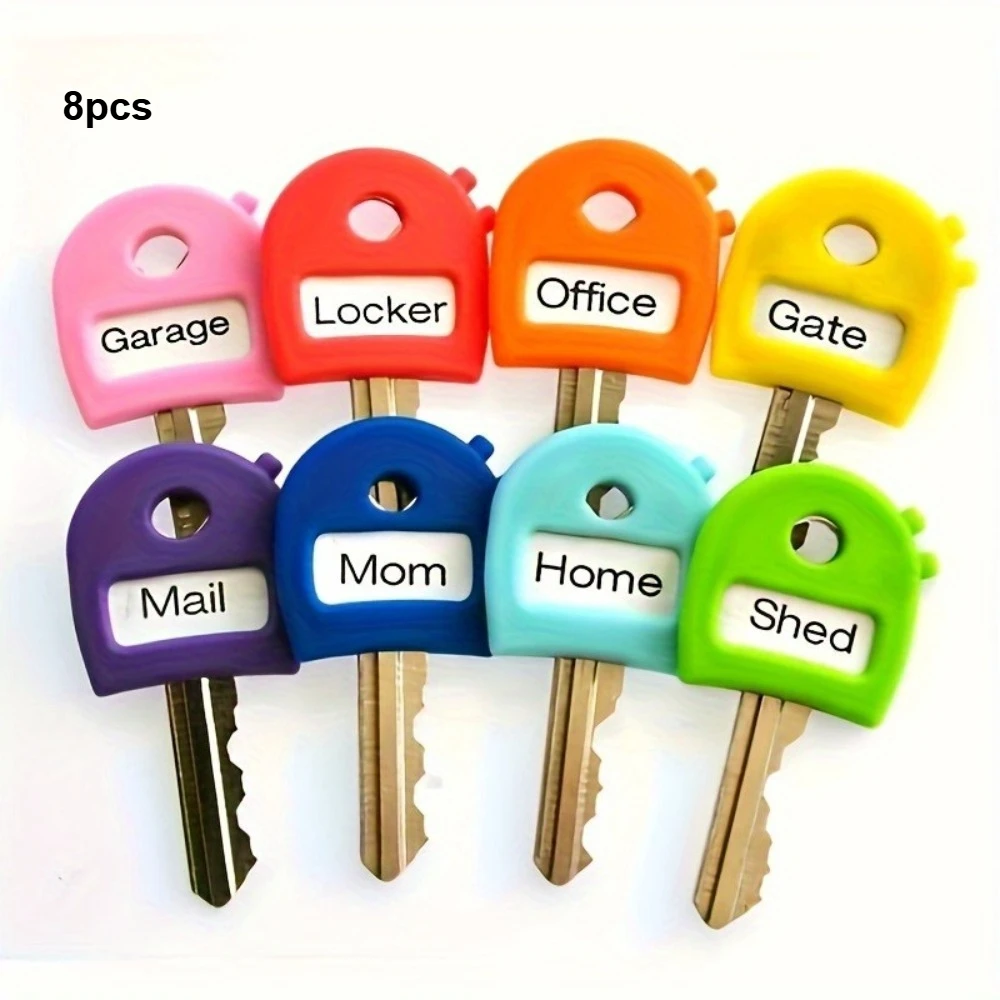 8pcs Color-Coded Key Covers, Flexible Silicone Material, Practical Desktop Storage And Key Classification Accessory