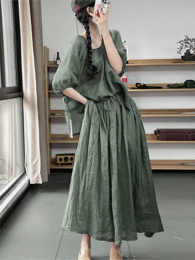 Oversized Summer 2 Two Piece Set Women Casual Fashion Ladies Blouses Elastic High Waist Ruffle Pleated Woman Long Skirts