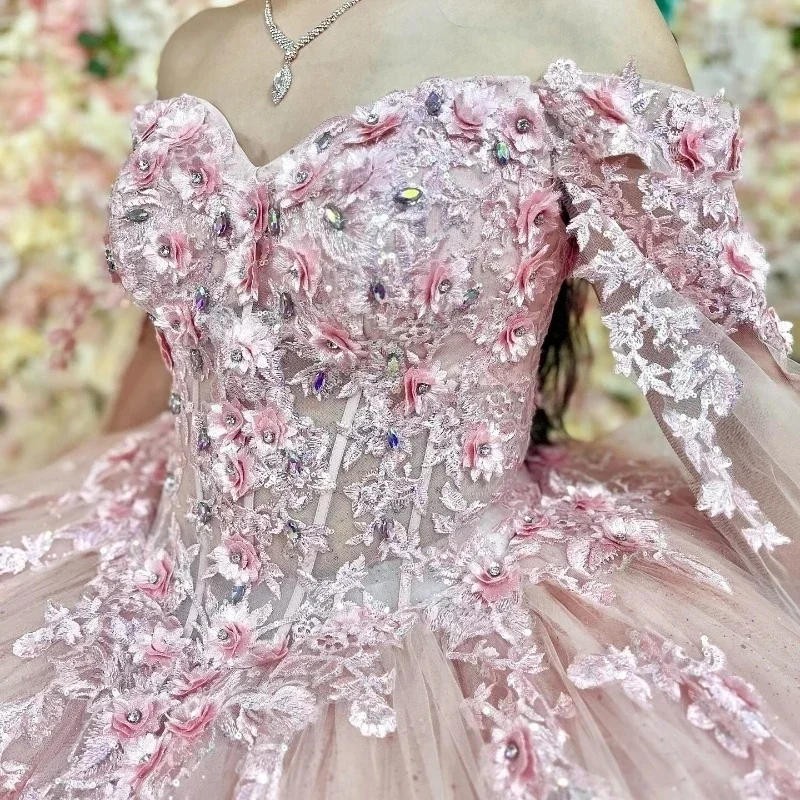 Популярные блестящие розовые платья принцессы Quinceanera с 3D цветочными бусинами, тюлевое бальное платье с открытыми плечами, Vestidos 15 De Quinceañera Customi