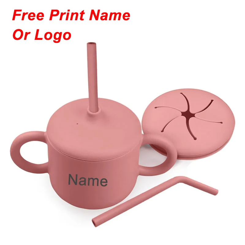 Food Grade Silicone Baby Feeding Cups Personalized Name Children Learn Drinking Cups Sippy Cups Kids Toddlers Straw Water Bottle