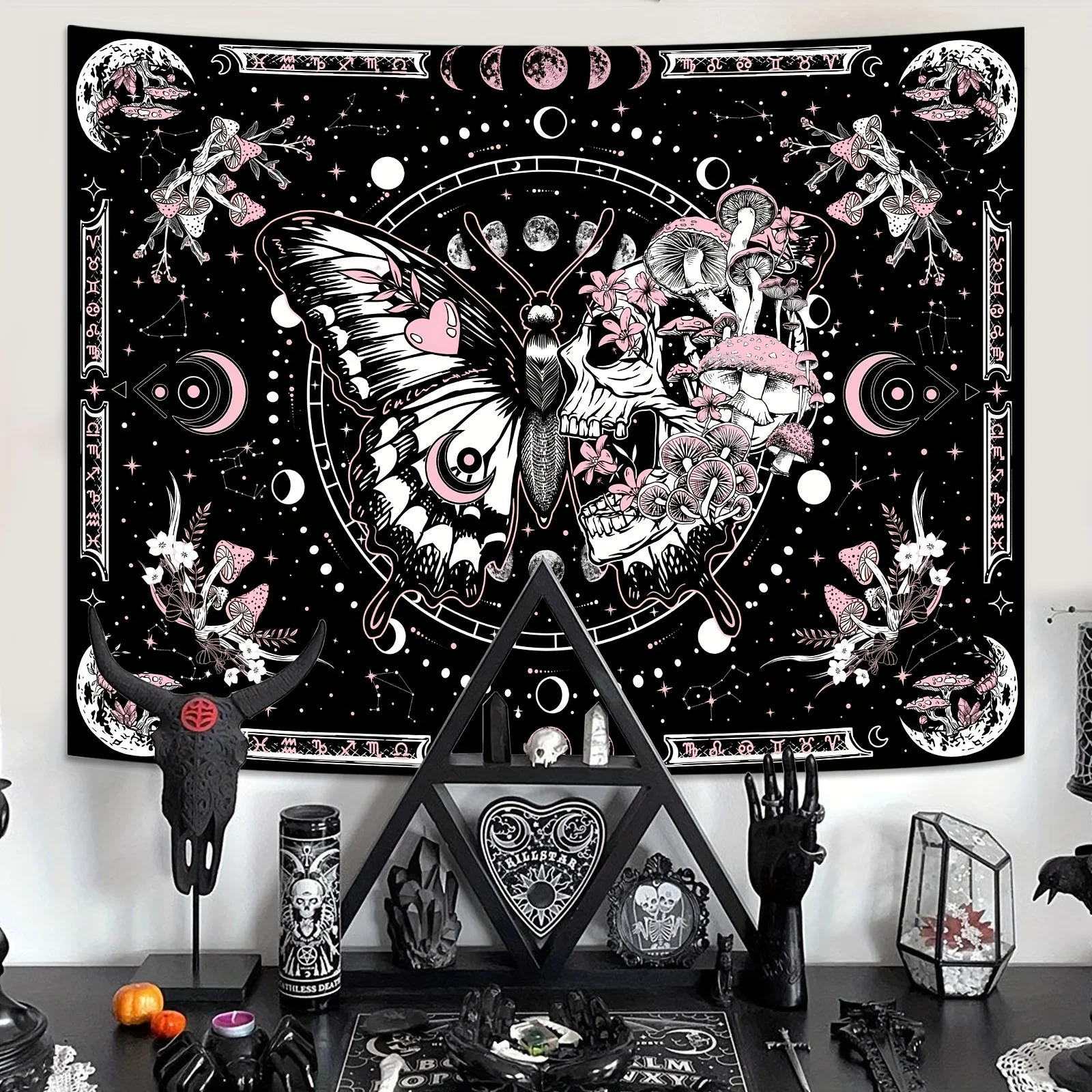 1 Stück Rosa Totenkopf-Schmetterling-Pilz-Wandteppich, Mondphasen-Hippie-Ästhetik Wandbehang für Schlafzimmer, Wohnzimmer & Studentenwohnheim-Dekoration