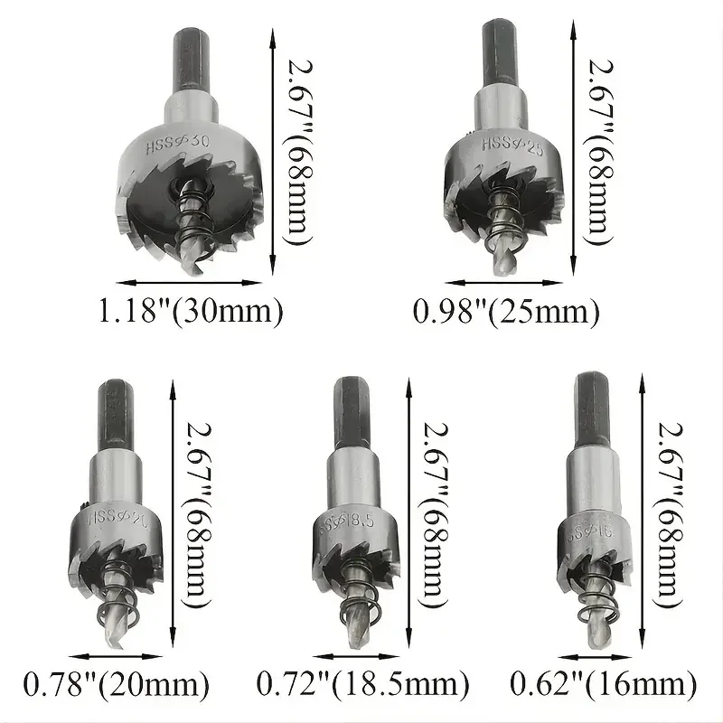 5Pcs Carbide Tip HSS Drill Bit Hole Saw Set Stainless Steel Metal Alloy 16/18.5/20/25/30mm Woodworking Tools