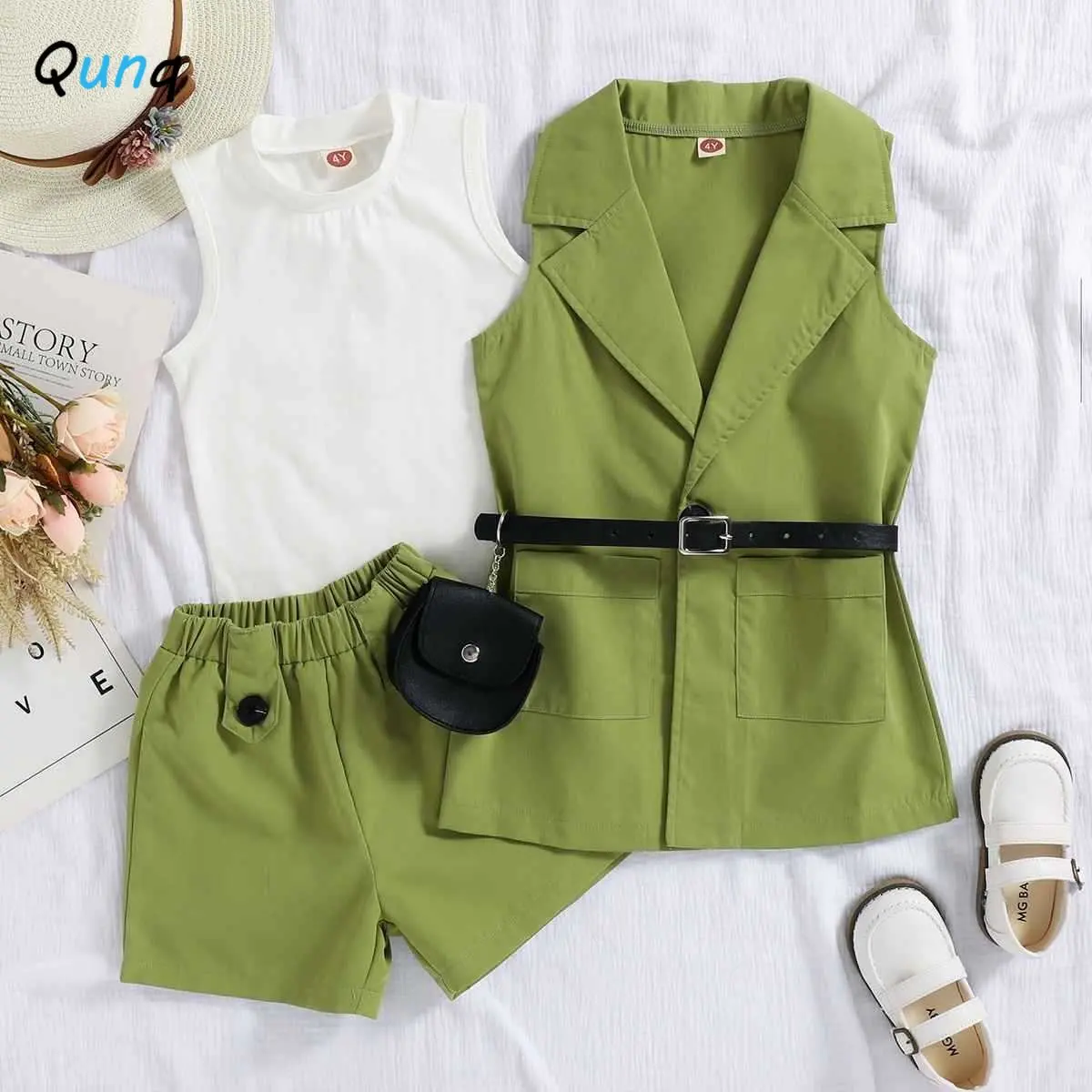 

Qunq 2023 Summer Girls Solid Sleeveless Suit Coat And Vest Top+Shorts With Fanny Pack 4 Pieces Set Casual Kids Clothes Age 3T-8T