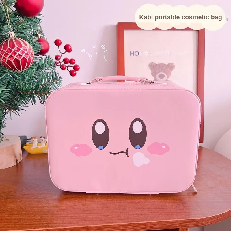 Kirby-Bolsa de cosméticos Kawaii para mujer, bolsa de maquillaje de Pu resistente al agua de gran capacidad con espejo, organizador de cosméticos portátil bonito para regalo