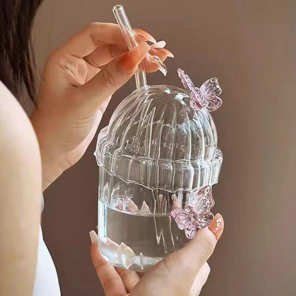 

Butterfly Glass Cup with Straw And Lid 400ml Butterfly Drinking Glasses Tumbler Retro Coffee Mug Tea Cup for Juice Beer Whiskey