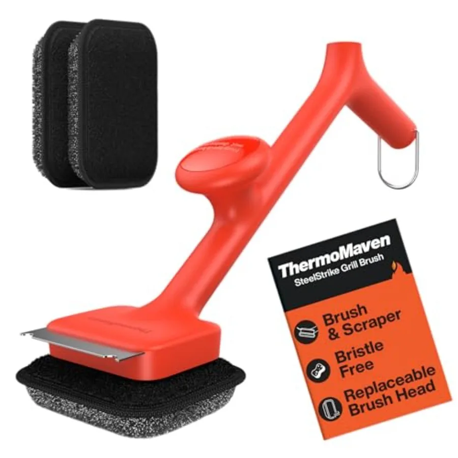 

Bristle-Free BBQ Grill Brush - No Wire Risk Steam Cleaner Removes Burnt Grease Fast - 17" Cool-Touch Handle, Scraper and 3 Repl