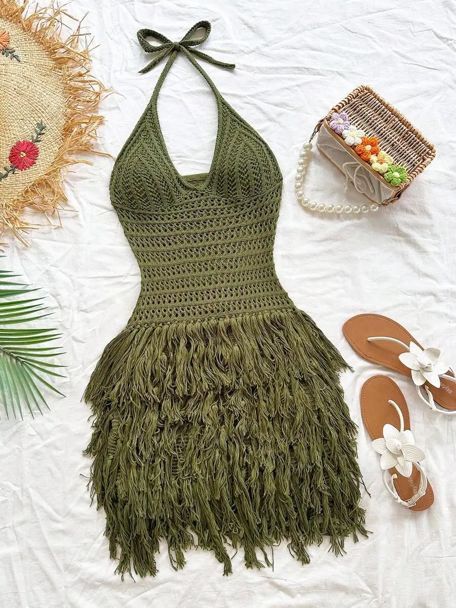 

Olive Green Crochet Halter Mini Dress with Fringe Hem for Beach Vacation