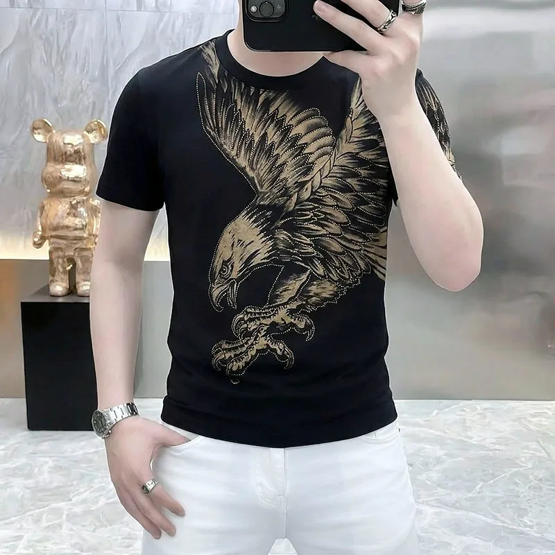 Luxury Eagle Rhinestone Round Neck T-shirt Men Fashion Short Sleeve Casual T-shirts Slim Fit Social Party Banquet Streetwear Tee