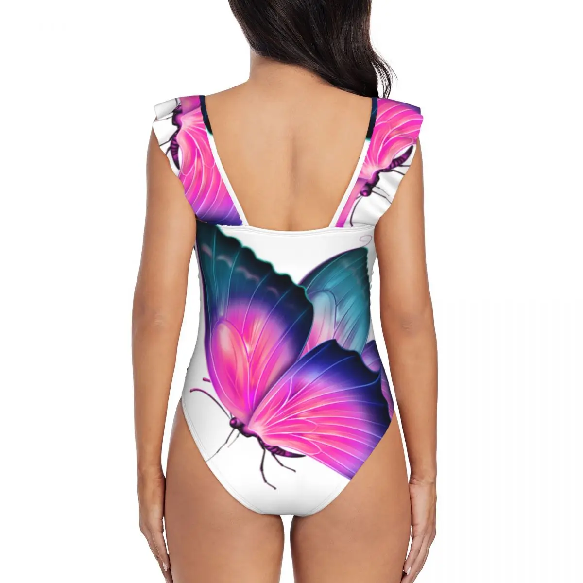 Maillot de bain une pièce à volants pour femmes, bohème, papillons roses 3D, à la mode, sexy, bikini