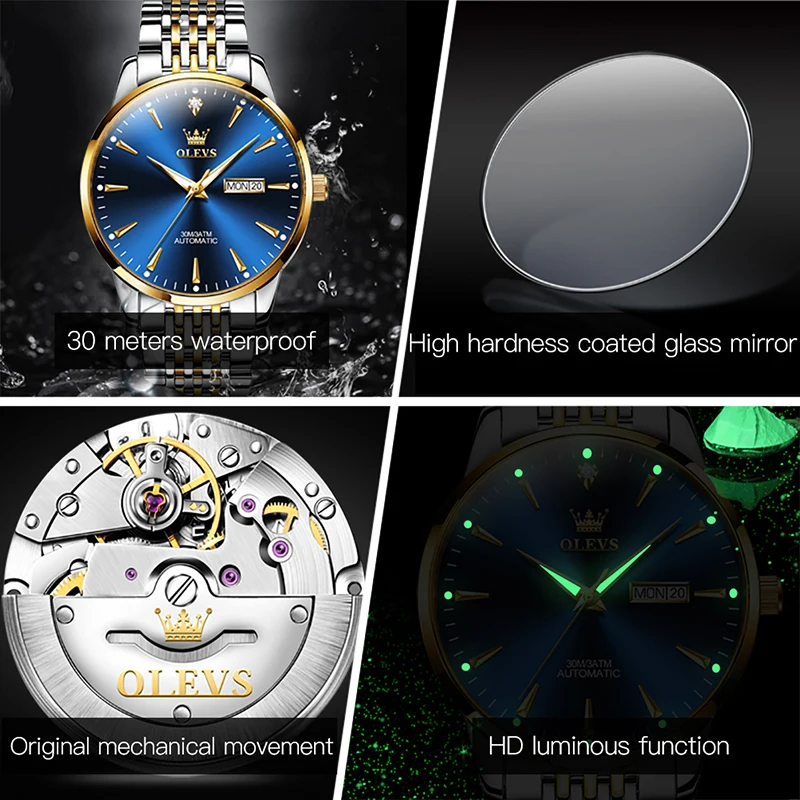 OLEVS Mechanical Mens Watches Top Brand Luxury Gold Plated Case Luminous Waterproof Clock Fashion Business Watch For Men Reloj