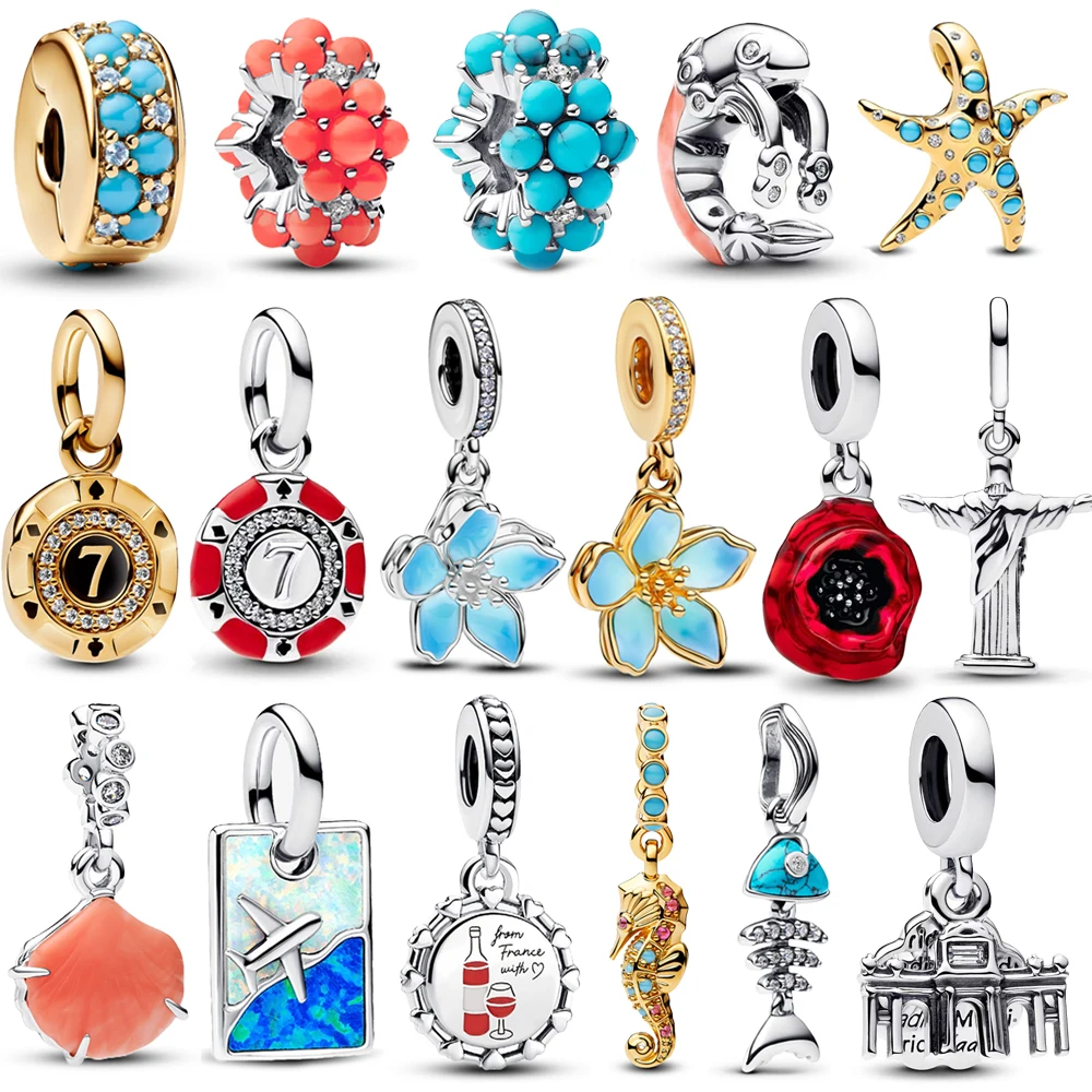 925 prata esterlina verão oceano azul pave clipe & florescendo pêssego vermelho rosa sangue charme caber colar original pulseira jóias