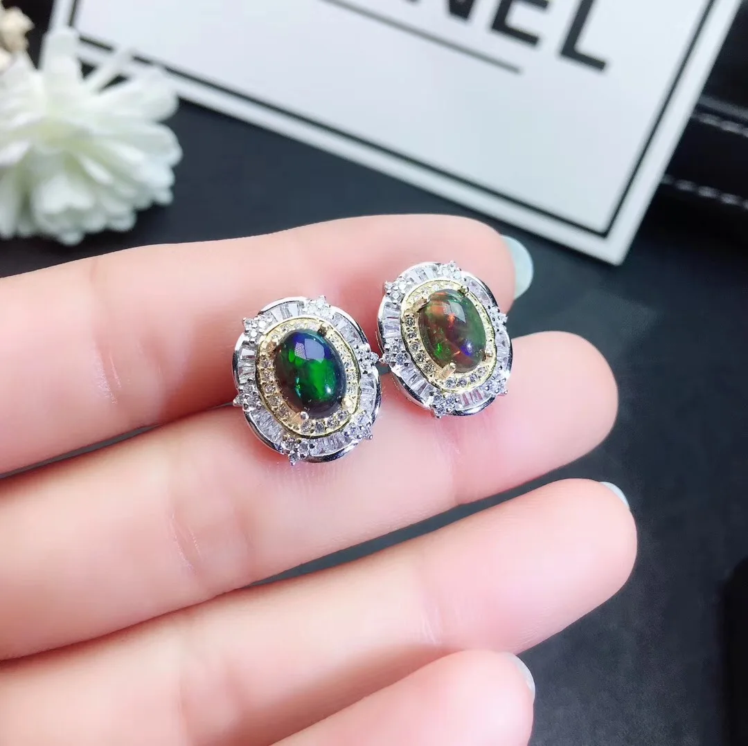 Fine Jewelry 925 Sterling Silver Inlaid Natural Black Opal Necklace Ring Earrings Women's Set Support Detection