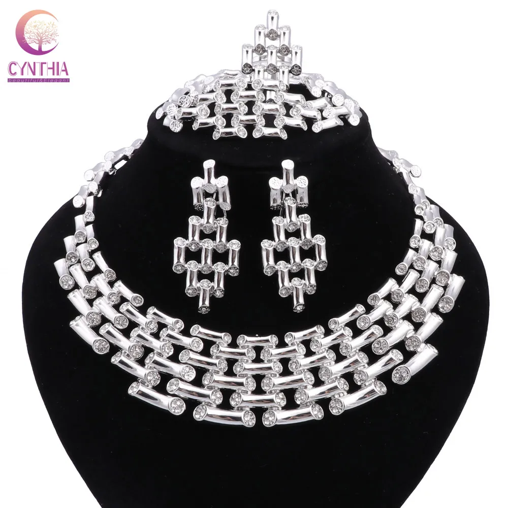 

CYNTHIA Luxury Vintage Women Jewelry Set Dubai Nigeria Silver Color Jewelry For Party Necklace Earrings Ring Bracelet 4Pcs