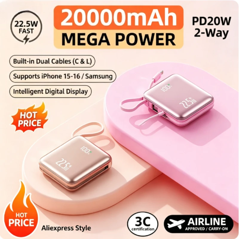 20000mAh CCC Mini Cute Power Bank with Built-in Cable 22.5W Fast Charging for iPhone Xiaomi Samsung