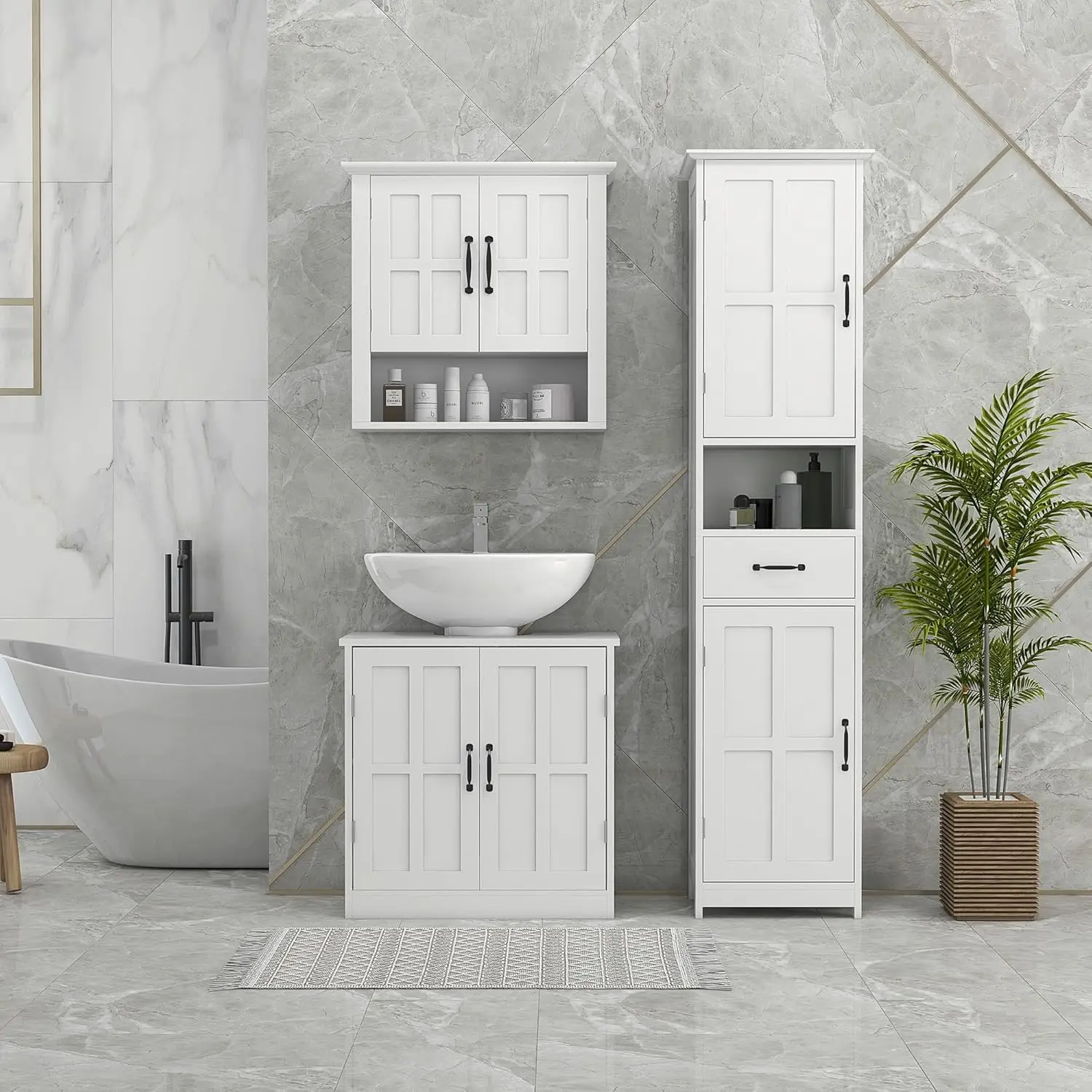 Slim Bathroom Storage Cabinet, Tall Bathroom Cabinet, Linen Tower w/ Open Shelf, Drawer, Recessed Doors, and Adjustable Shelves