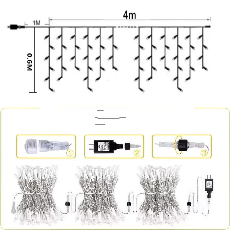 Warm White Icicle Lights Outdoor With Cold White Christmas Decorations 2025 Curtain Garlands 4M(W)*0.6M(H) New Year Festoon Led