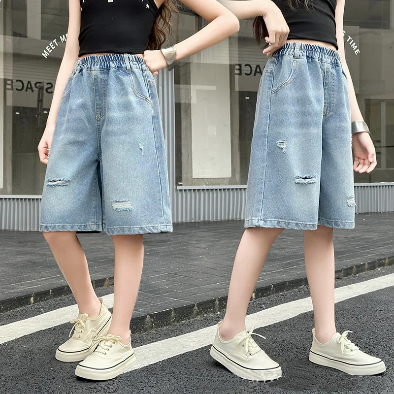 New Children Knee-Length Denim Shorts with Hole for Teenage Girls Fashion Loose Fit Ripped Jeans Capris Kids Summer Shorts