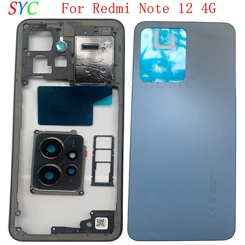 

Back Door Battery Cover Housing Case For Redmi Note 12 4G Rear Cover with Middle Frame Sim Card Tray Logo Repair Parts