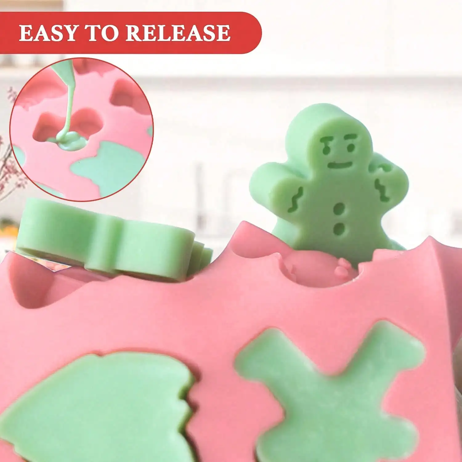 Weihnachtliche Silikonformen mit 72 Mulden - Mini-Weihnachtsbaum-Formen mit Lebkuchenmann, Weihnachtsmann-Formen für Süßigkeiten, Schokolade und Fondant – Detail 6