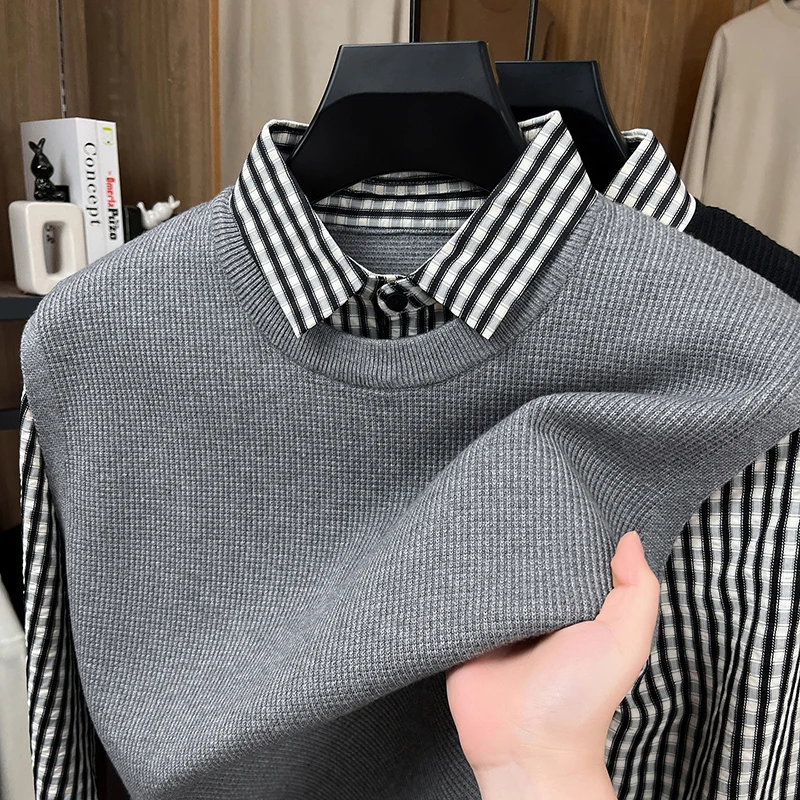 Luxury Men's Autumn Long Sleeves Knitting Fake Two-Piece Trend Brand Keep Warm Sweater Leisure Fashion Underwear Men's Clothing