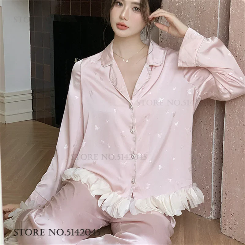 

JIAYAN 2025 Luxury Women's Sleepwear 2PCS Pajamas Set French Style Ruffled Ice Silk Trouser Pijamas Suit Loungewear Home Clothes