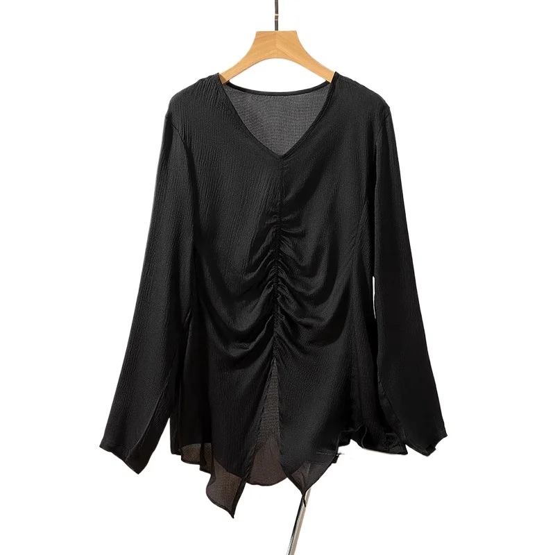 

YOLANFAIRY 100% Real Mulberry Silk Black Blouse for Woman Bubble Crepe V-neck Pleated Long Sleeve Tops Irregular Loose Blouses